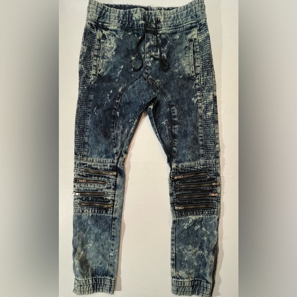 Peace Unltd NY Distressed Acid Wash Blue Drawstring Jeans Pants Men's Sz Large